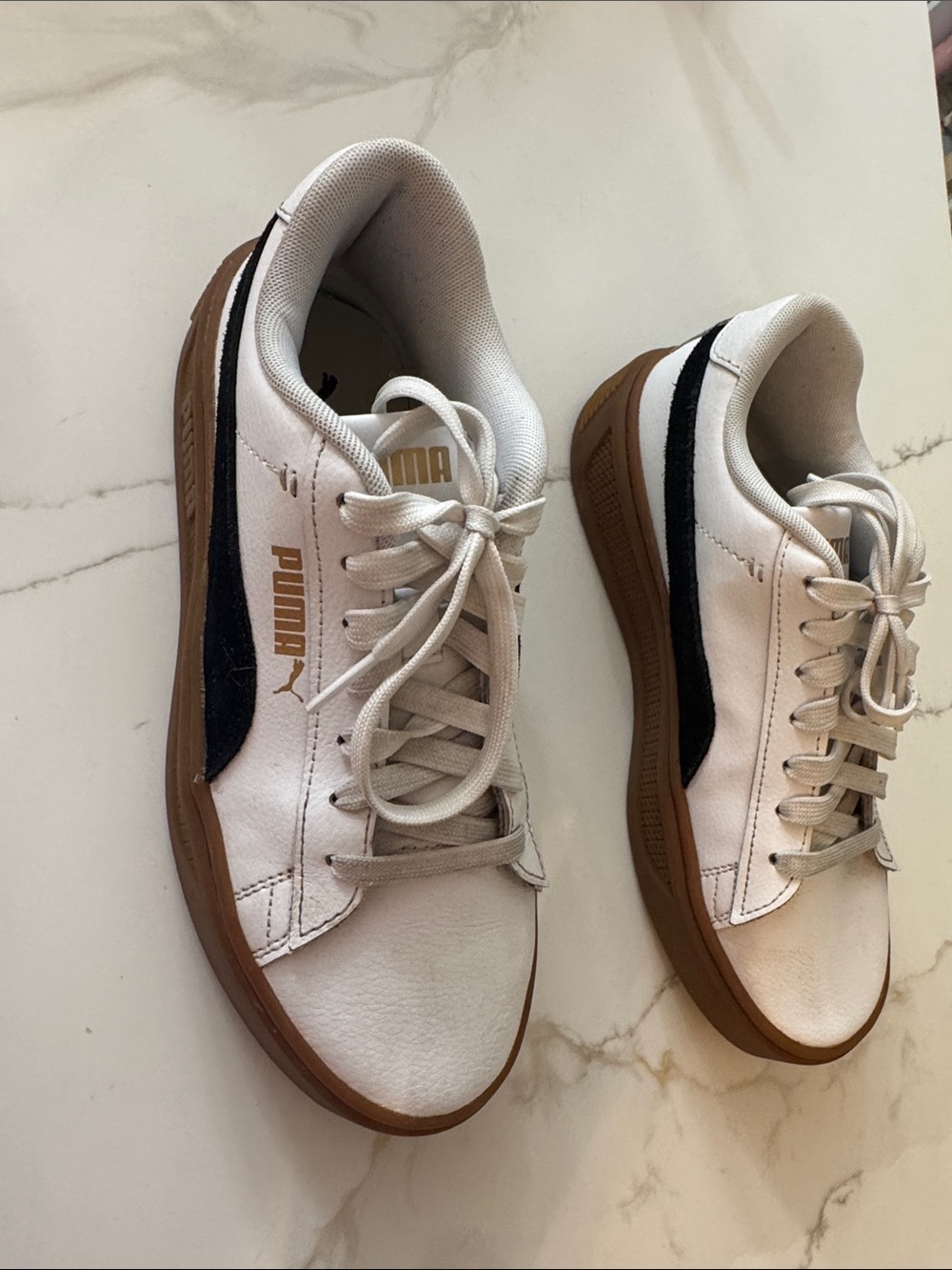 Puma White Leather Sneakers with Black Stripe and Gum Sole